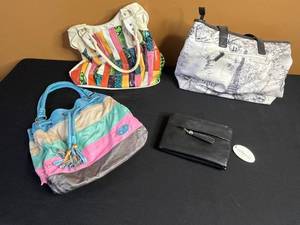 lot 214 image: Patchwork Handbags (Lot of 4) - Rainbow Stripes, TealPink Patchwork, Map Print Satchel