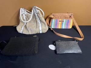lot 215 image: Rosetti Rainbow Crossbody - Kelly & Katie Zebra Tote - The GoodBead Beaded Clutch - Woven Straw Tote