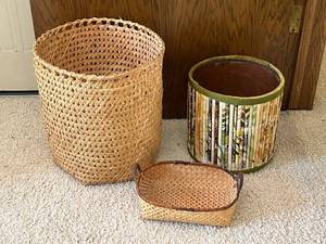 lot 226 image: Woven Baskets - 3-Piece Set Large Round, Tall Mosaic Cylinder, Small Oval Basket