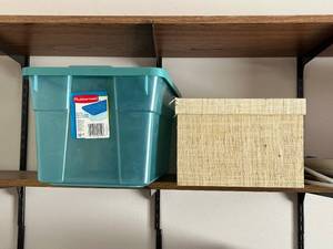lot 252 image: Rubbermaid Teal Storage Tote & Assorted Fabric & Cardboard Boxes