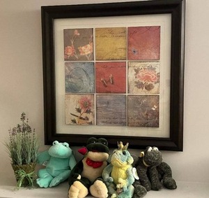 lot 261 image: Framed 9-Panel Floral Wall Art Collage - Assorted Vintage Prints w Plush Toy Frogs & Floral Arrangement