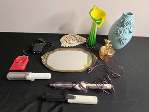 lot 263 image: Vintage Vanity Lot Inc Pier 1 Art Glass Vase, Vanity Mirror Tray, Cigarette Cases, Marigold Carnival Glass Deer Covered Dish, BaByliss Paris Type Hair Curling Iron & More