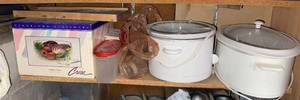 lot 275 image: Two White Crockpots, Crisa Handblown Glassware Box, Gray Storage Container