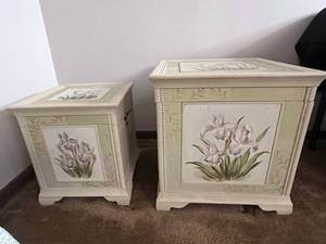 lot 289 image: Pair of Hand-Painted Iris Floral Chests - Cream Wood Storage Cabinets Retail $115