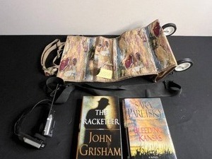 lot 294 image: Travel Lot Inc Jade Handbag on Wheels, The Racketeer & Bleeding Kansas Books, Sony Headset