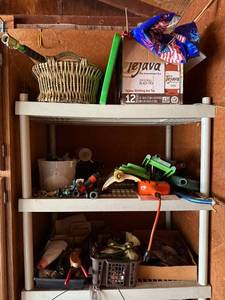 lot 317 image: Assorted Hand Tools & Hardware on Metal Shelf