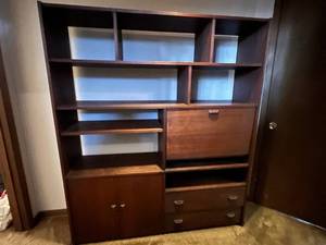 lot 341 image: Walnut Finish Wood Bookcase Cabinet w Shelves & Drawers - 96 x 59 x 15 in