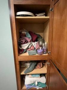 lot 351 image: Bathroom Closet Contents Inc Krups 260-Lb Mechanical Dial Scale with Bath Towels & Vanilla Plum Scrub