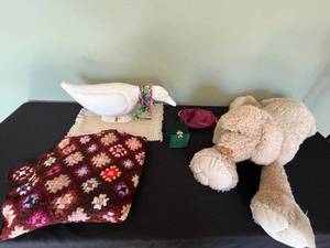 lot 358 image: White Bird Figurine, Crochet Granny Square Afghan, Plush Bunny, Jewelry Box & Enablo Pouch