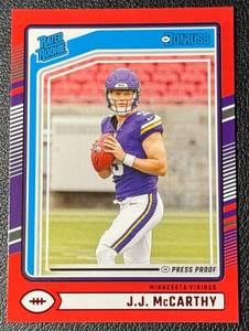 lot 22 image: J.J. McCarthy 2024 Donruss Red Press Proof Minnesota Vikings Rookie Football Card No. 303