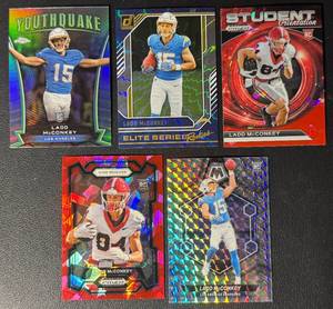 lot 201 image: Ladd McConkey 5-Card Los Angeles Chargers Rookie ParallelInsert Football Card Lot