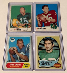 lot 12 image: Vintage Football Star Quarterbacks 4 Card Lot - 1968 Bartt Starr  Johnny Unitas, 1968 Len Dawson, 1970 Joe Namath