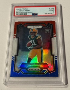 lot 255 image: Jayden Reed RC RedWhiteBlue Prizm PSA Mint 2023 #334 Green Bay Packers Rookie Football Card