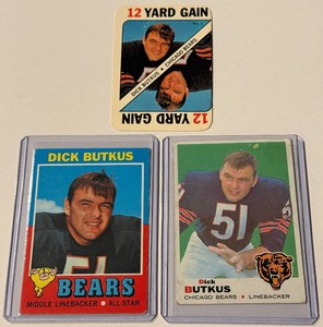 lot 268 image: Dick Butkus 3 Card Vintage Football Lot 1968 and 1971 Topps Game Card