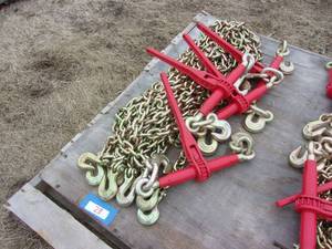 lot 28 image: 4- 38 x 20 Long Grade 8 Chains & 4- 38 Ratchet Binders (UNUSED)