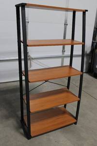lot 10 image: Shelving Unit - 5-Tier Wood Shelves on Black Metal Frame