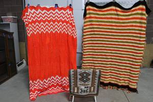 lot 11 image: Southwestern Navajo-Style Handwoven Wool Throws & Pillow (Lot of 3)