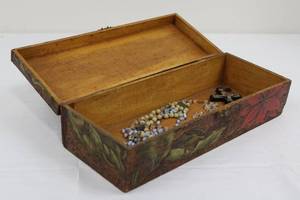 lot 31 image: Keepsake Box - Floral Hand-Painted Wood with Poinsettia Design and Rosaries Inside