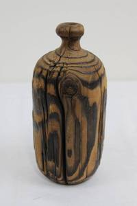lot 43 image: Hand-Carved Wooden Bottle 8.5 tall- Burl Wood Grain, Cracked Finish