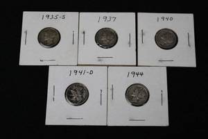 lot 46 image: Mercury Dimes 1935-S, 1937, 1940, 1941-D, 1944 (Lot of 5)