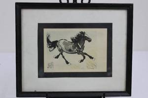 lot 94 image: Galloping Horse Ink-Wash Painting - Framed Asian Art with Red Seal & Calligraphy