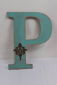lot 97 image: Kirklands Turquoise Letter P Wall Decor - 19in Tall, Distressed Finish, SKU 17-130063