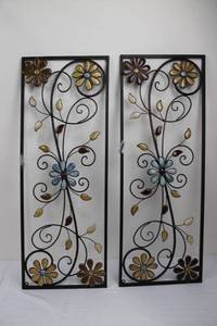 lot 98 image: Floral Metal Wall Art Panels - 32 x 12 Set of 2 Black Wrought Iron Flower Scrollwork