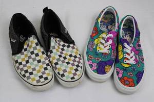 lot 103 image: Vans Floral Print Lace-Up Sneakers & Checkerboard Slip-Ons - Missy Size 5.0 (2 Pairs)