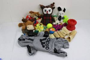 lot 105 image: Doggy Toys Lot, Gray Hoodie with Plush Toys & Chew Toys Bundle