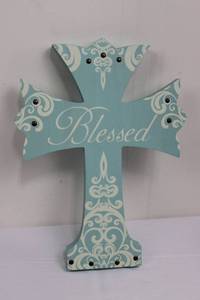 lot 115 image: Blessed Cross Wall Decor - Light Blue Damask Pattern, Approx. 15in Tall
