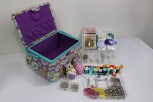 lot 127 image: Floral Sewing Box Kit - Thread Spools, Needles, Pins, Pincushions