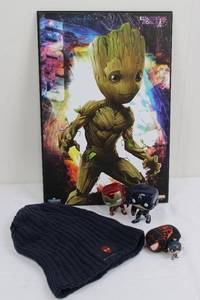 lot 147 image: Groot Poster with Iron Man & Captain America Mini-Figures, Spider-Man Plush Ball, Knit Beanie