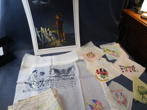 lot 38 image: WWI & WWII Hankies, Pilots Silk Map,  Sweetheart Silk, Flying High Artwork
