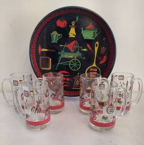 lot 2 image: Rare Vintage 1950s Hazel Atlas BBQ Mugs & Matching Serving Tray
