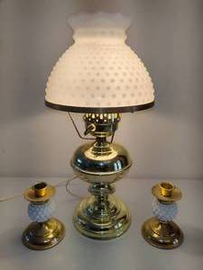 lot 15 image: Brass Hobnail White Milk Glass Lamp & Two BrassHobnail Candle Holders