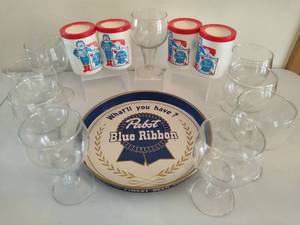 lot 73 image: Pabst Blue Ribbon Serving Tray, Coozies & Hollow Stem Beer Glasses