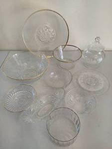 lot 212 image: Lot of Assorted Glass Serving & Decor Pieces - Some with Gold Rim