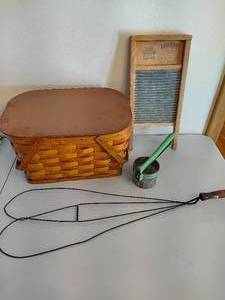 lot 217 image: Picnic Basket, Washboard, Potato Masher & Rug Beater