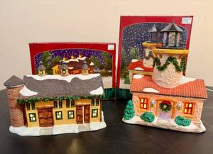 lot 126 image: Authentic Christmas Valle  The Yellow Barn and The Stucco Lighthouse wOriginal Boxes