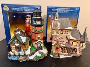 lot 129 image: Santas Workbench Classic Series Strum & Fiddle Music Shoppe & Dundridge Pointe Lighthouse