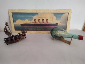 lot 303 image: Print of The SS Mauretania, Ship in a Bottle & Bobble Pirate Ship