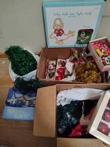 Assorted Christmas Lights, Ornaments, Tree Topper, Etc