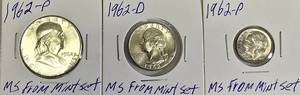 lot 11 image: 1962-P Franklin Half, 1962-D Quarter, and 1962-P Dime - All from mint sets and all high grade MS 65-67.
