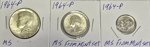 lot 12 image: 1964-P Kennedy Half Dollar, 1964-P Quarter, and 1964-P Dime, all in high grade from MS 64 to MS 67.