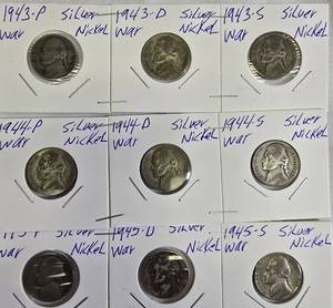 lot 25 image: 9 different types of silver war nickels 1943 - P, D, S 1944 - P, D, S and 1945 - P, D, S.