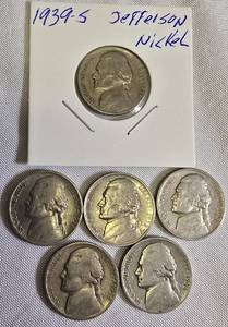 lot 26 image: 6 Jefferson Nickels 5 from 1938 (P mint mark) and 1 from 1939 (S mint mark).