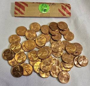 lot 35 image: Full  Roll of 50 1957-P Wheat Pennies BUMS Very High Grade