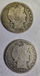 lot 61 image: Two Barber half dollars with a face value of one dollar 1902-P and 1906-P.