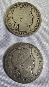 lot 62 image: Two Barber half dollars with a face value of one dollar 1901-P and 1906-O