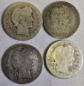 lot 63 image: Four Barber Quarters with a face value of one dollar 1897-P, 1902-P,1904-P & 1912-P